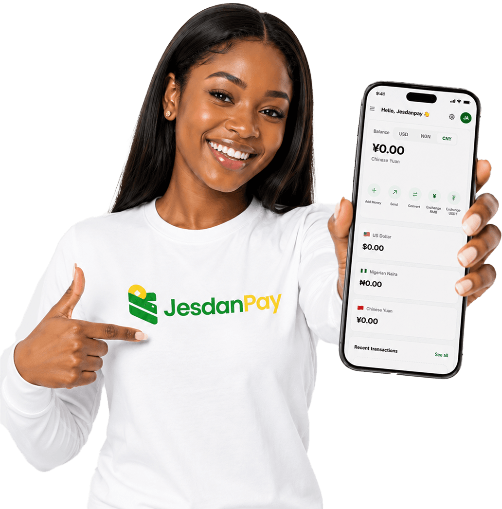 The JesDanPay app dashboard, showing NGN, USD and CNY balances